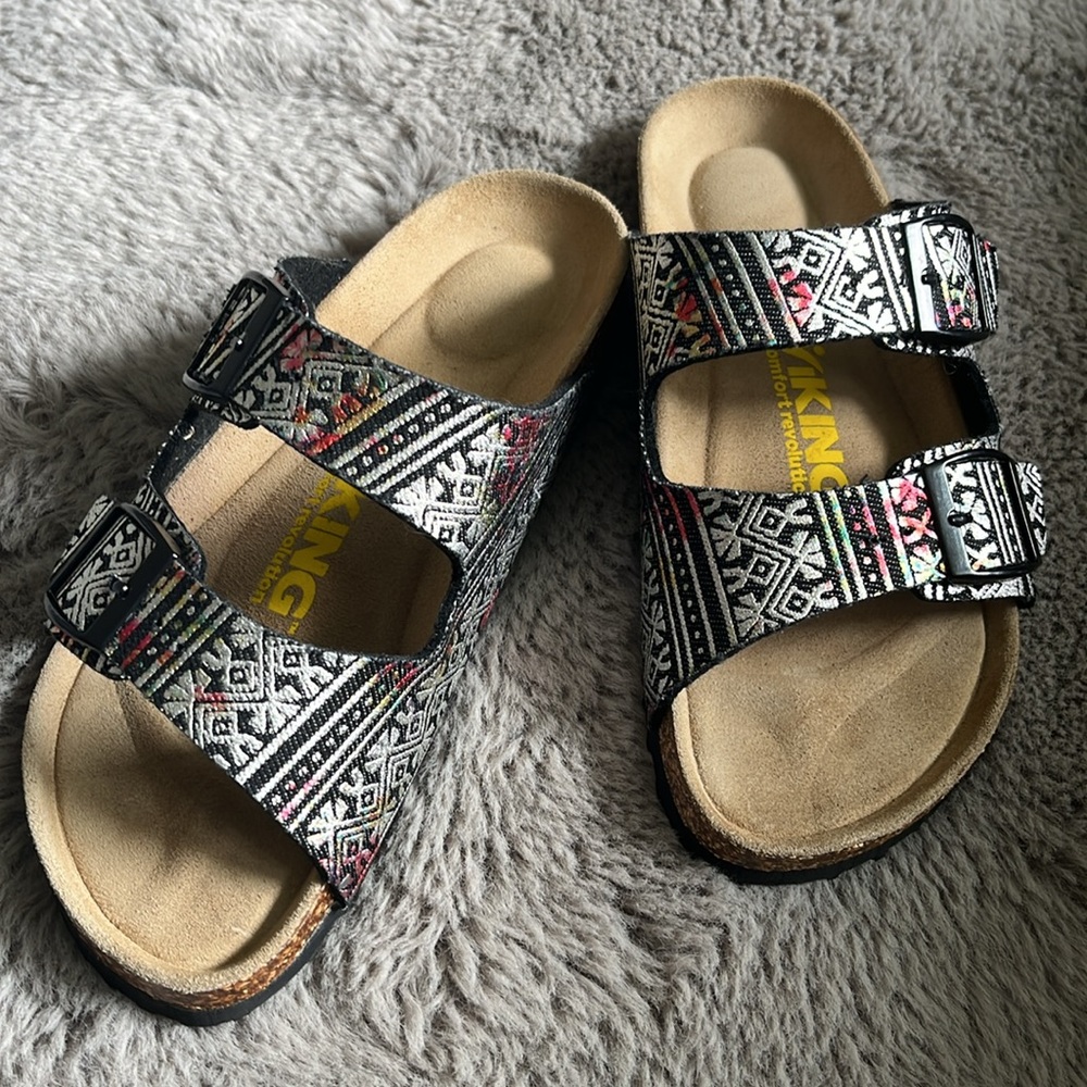 Women's Viking Patterned Two Buckle Sandals Like New
